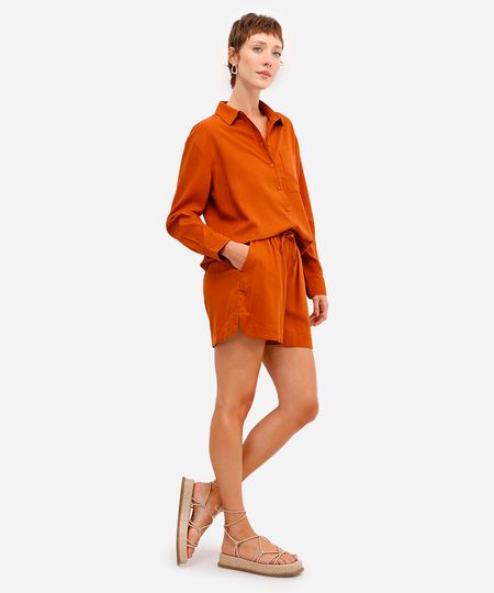 short feminino com linho cós elástico com fendas laranja M short feminino com linho cós elástico com fendas laranja M