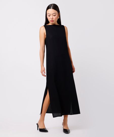 vestido midi feminino com linho e fendas mindset preto PP