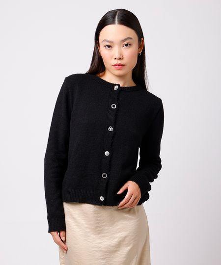 cardigan feminino de tricot botões com strass mindset preto PP