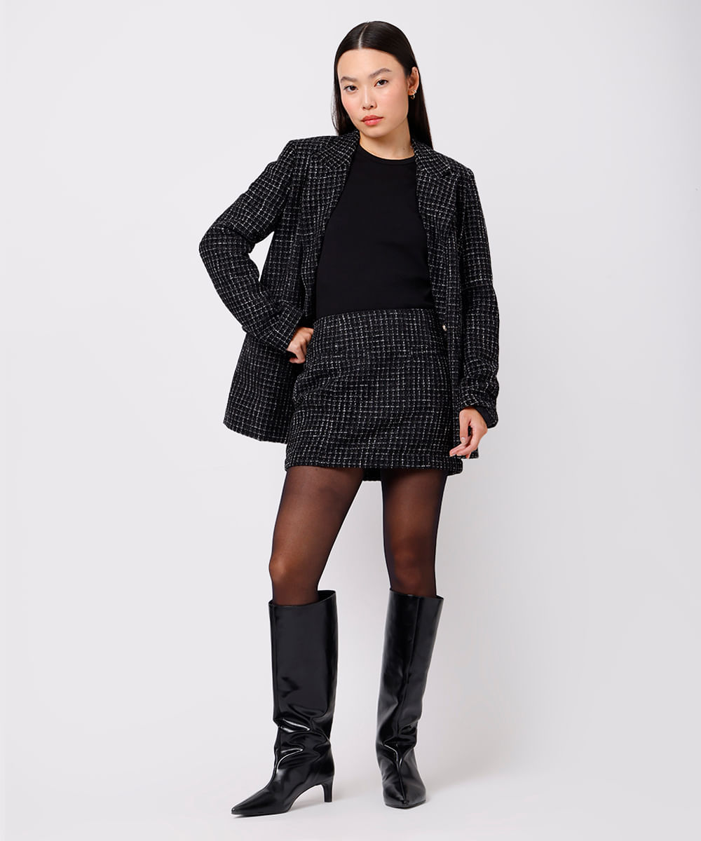 minissaia feminina de tweed xadrez mindset preta