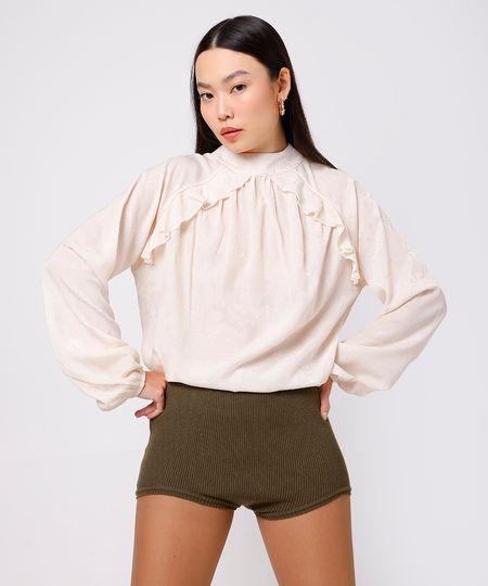 blusa feminina de jacquard floral com babados mindset off white PP blusa feminina de jacquard floral com babados mindset off white PP