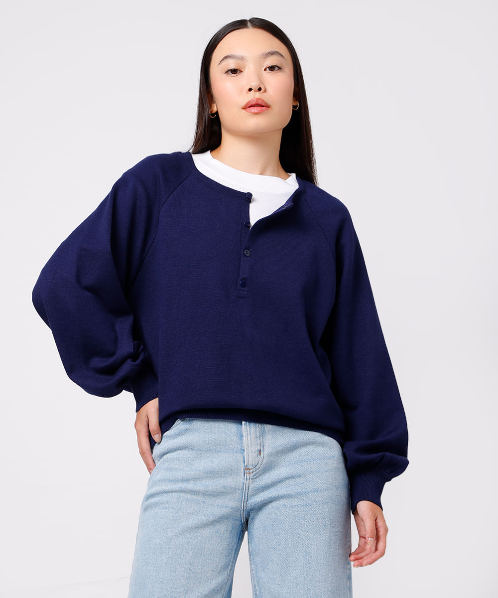 suéter feminino de tricot manga bufante mindset azul