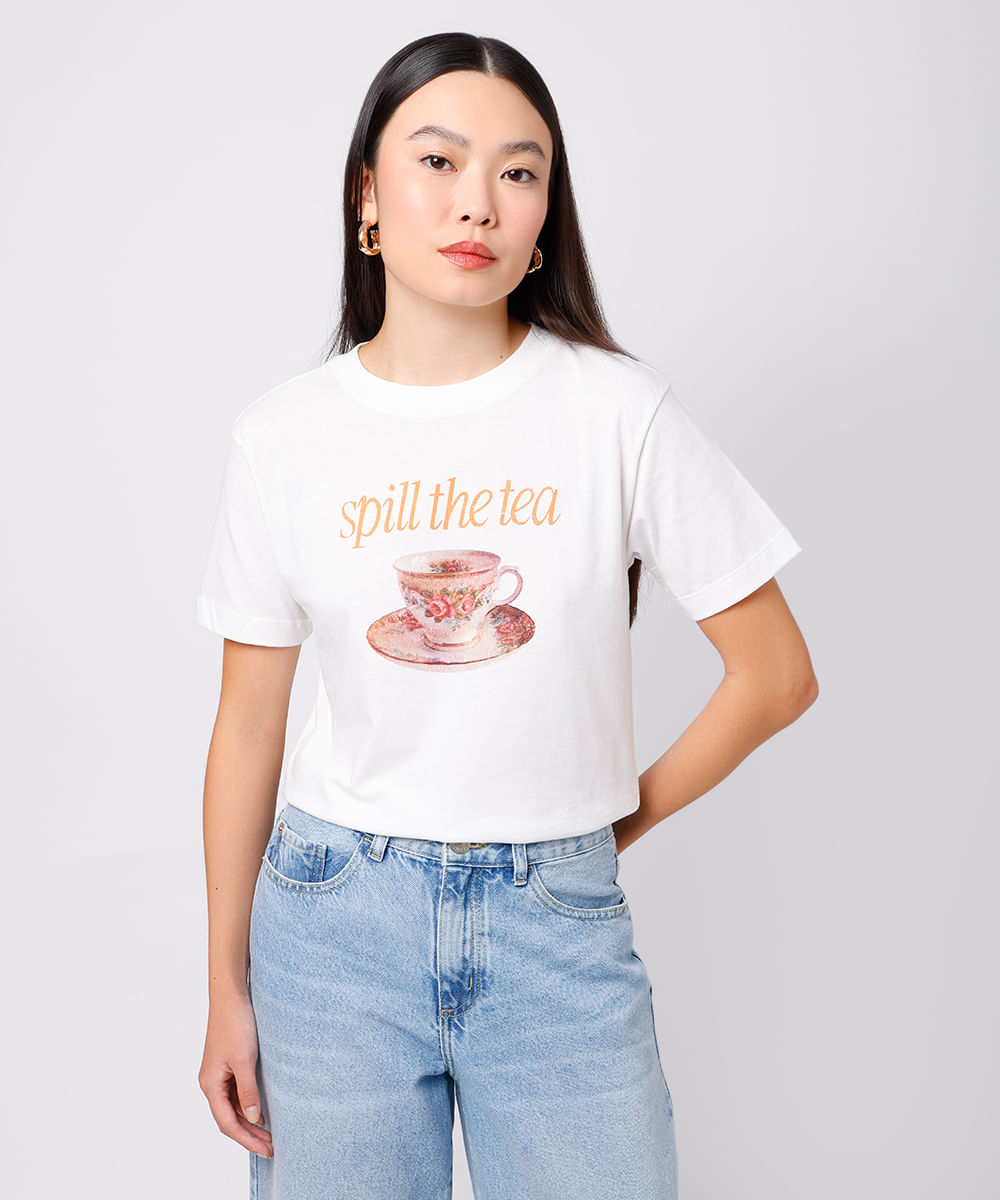 camiseta feminina de algodão spill the tea mindset off white