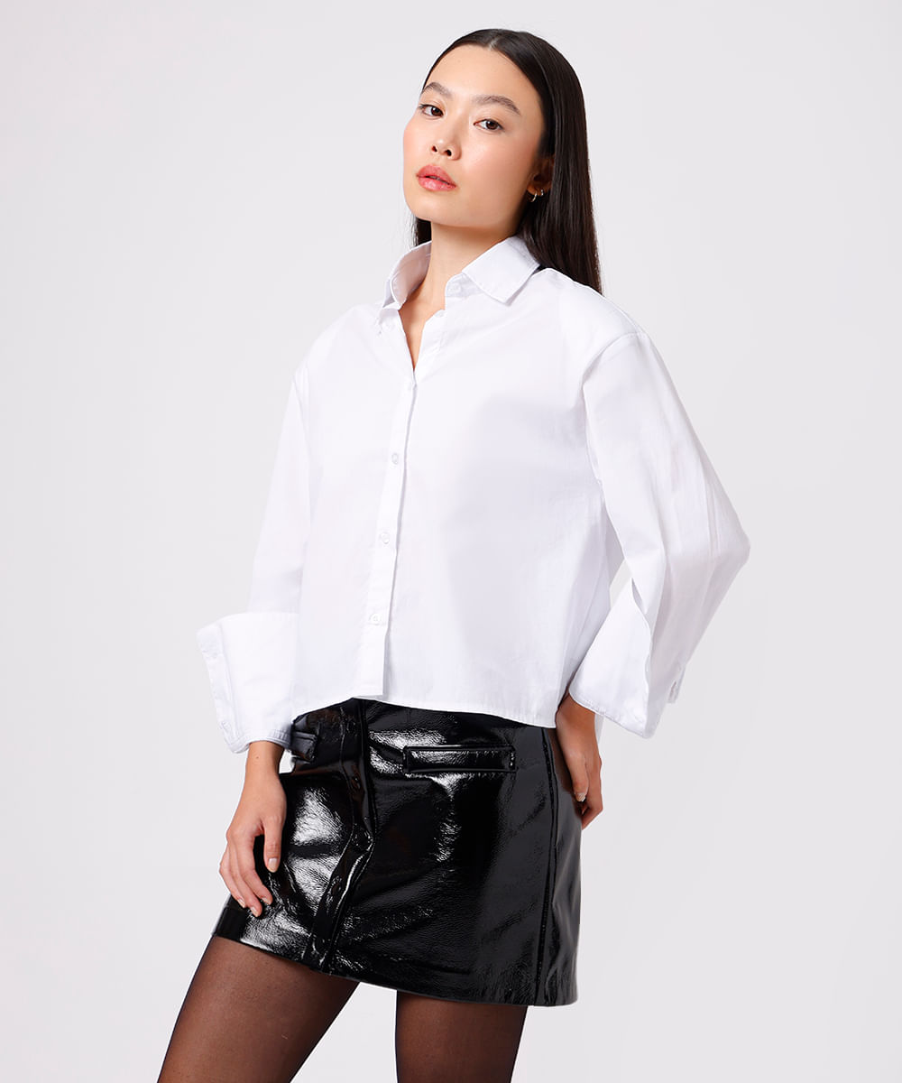 camisa cropped feminina de algodão com ombreiras mindset branca