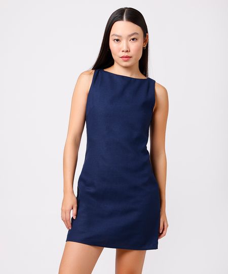 vestido curto feminino com linho mindset azul GG
