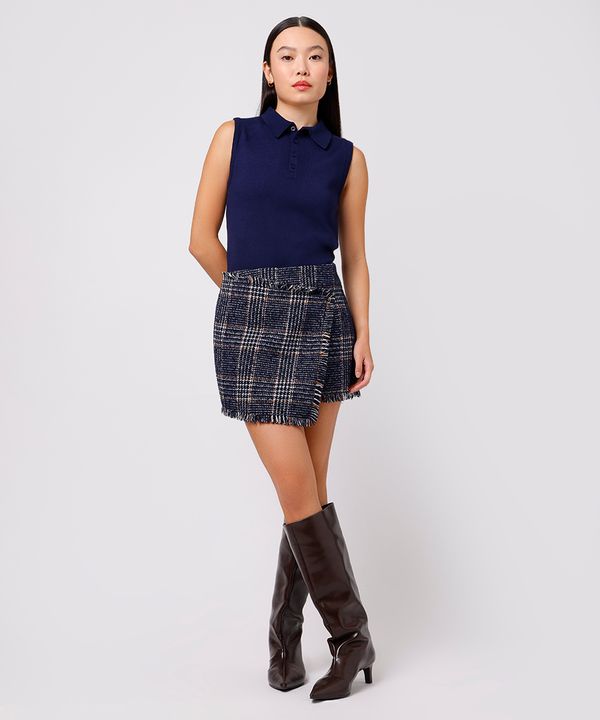 saia curta feminina de tweed com lã xadrez mindset azul 46