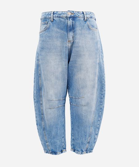 calça barrel feminina jeans com recortes plus size azul 50