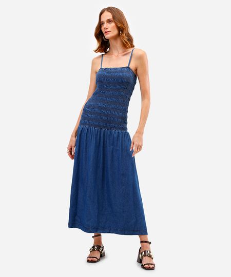vestido midi feminino jeans franzido com lastex azul M