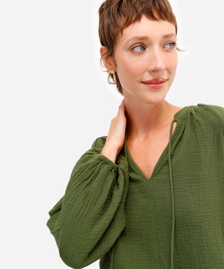 bata feminina de algodão manga bufante texturizada verde P