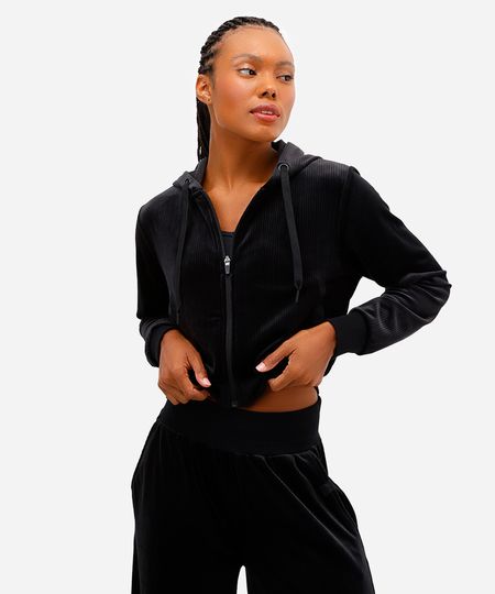 jaqueta bomber cropped plush esportiva ace com capuz preta G