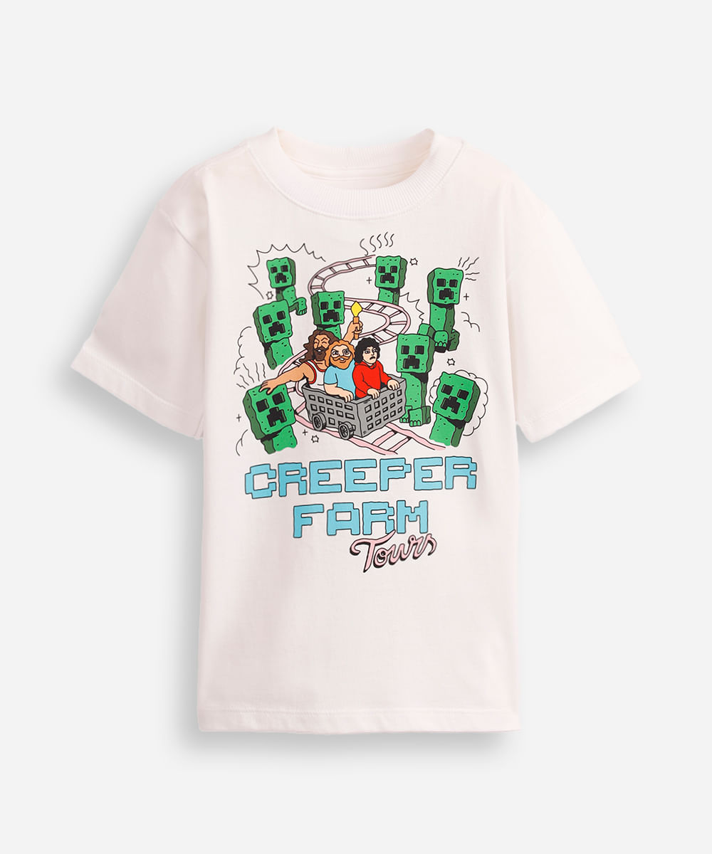camiseta de algodão infantil creeper farm tours minecraft off white
