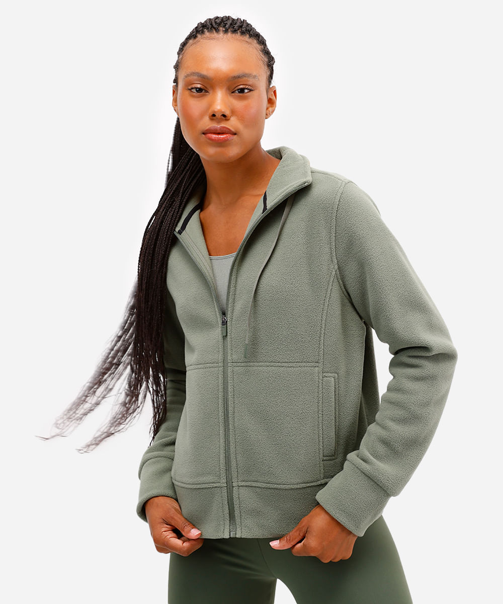 jaqueta feminina de fleece gola alta esportiva ace verde