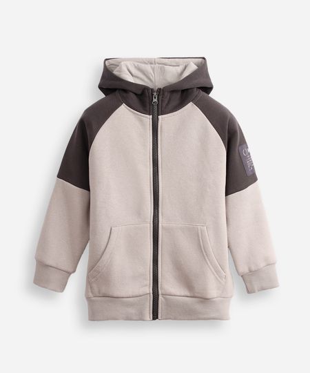 jaqueta infantil de moletom com capuz e bolso bicolor cinza 8