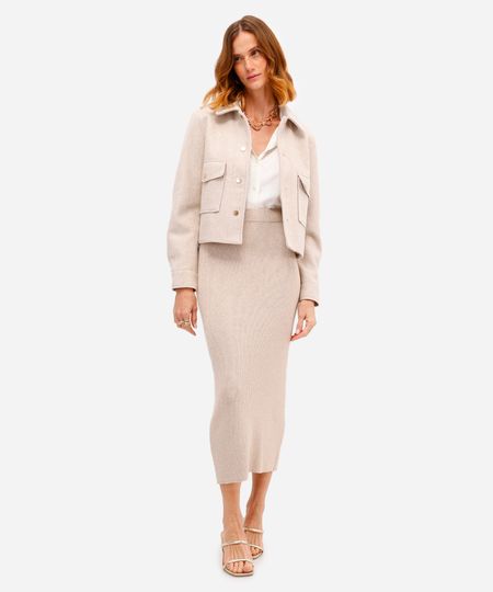 saia midi feminina de tricot cós elástico bege G