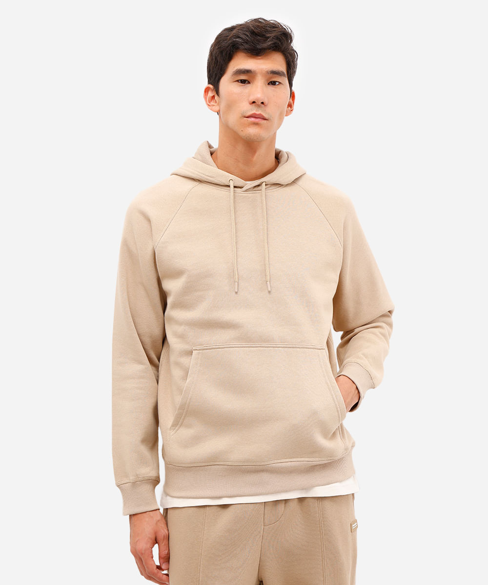 blusão básico masculino de moletom com capuz bege