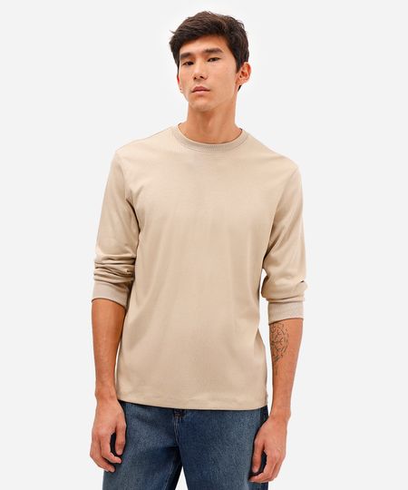 camiseta masculina de algodão peruano básica gola redonda bege M