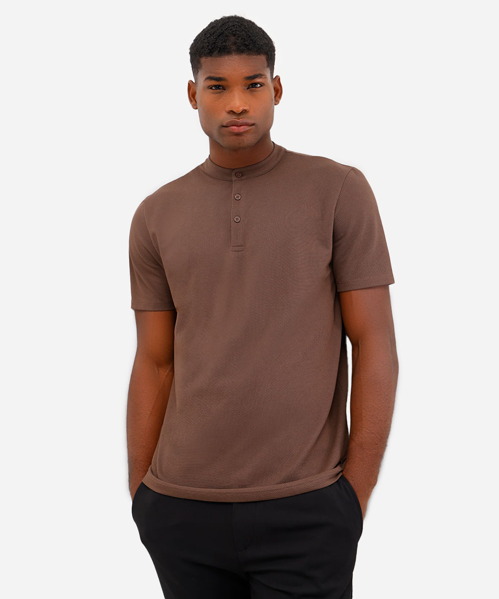 polo masculina comfort gola padre manga curta azul marrom