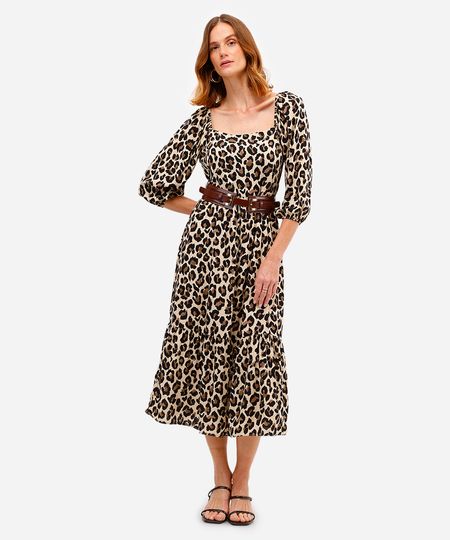 vestido midi feminino de viscose manga bufante animal print bege P