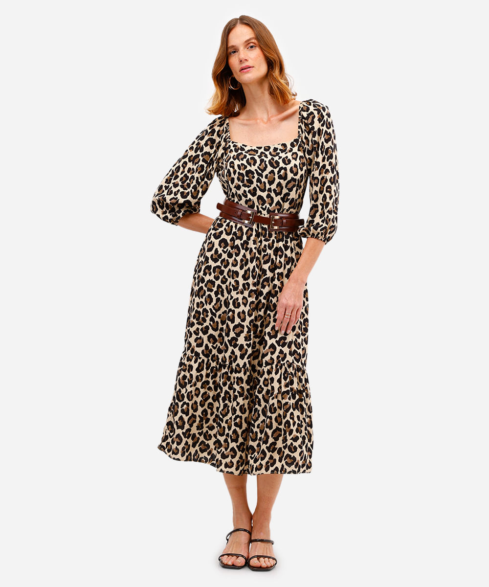 vestido midi feminino de viscose manga bufante animal print bege