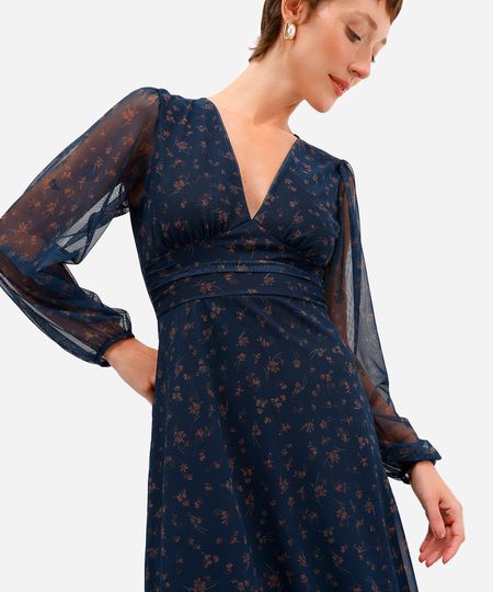 vestido midi feminino de tule manga bufante floral azul P vestido midi feminino de tule manga bufante floral azul P