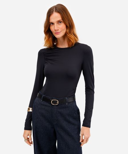 blusa feminina de poliamida manga longa franzida preta GG blusa feminina de poliamida manga longa franzida preta GG