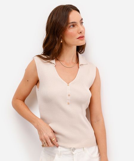 polo feminina de tricot decote v canelada bege PP