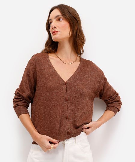 cardigan feminino de tricot com lurex marrom G cardigan feminino de tricot com lurex marrom G