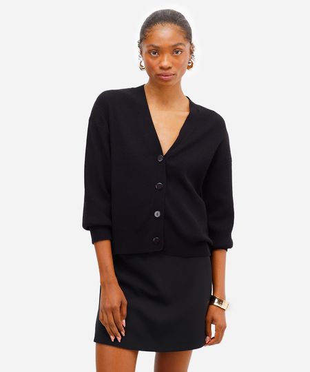 cardigan feminino canelado decote v preto G