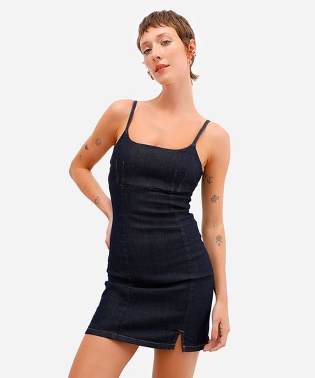 vestido curto feminino jeans com fenda azul PP vestido curto feminino jeans com fenda azul PP