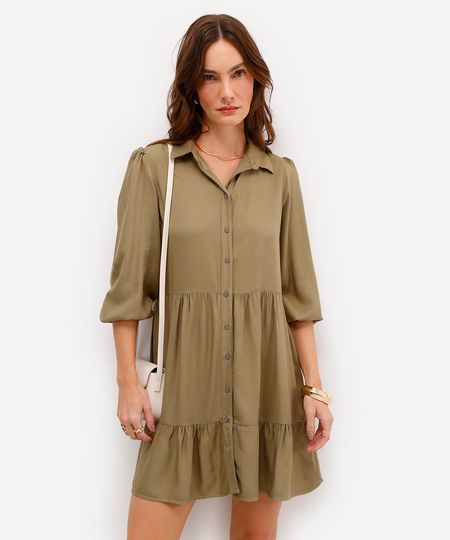 vestido chemise midi de viscose manga bufante verde GG
