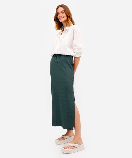 saia longa feminina com fendas texturizada verde M