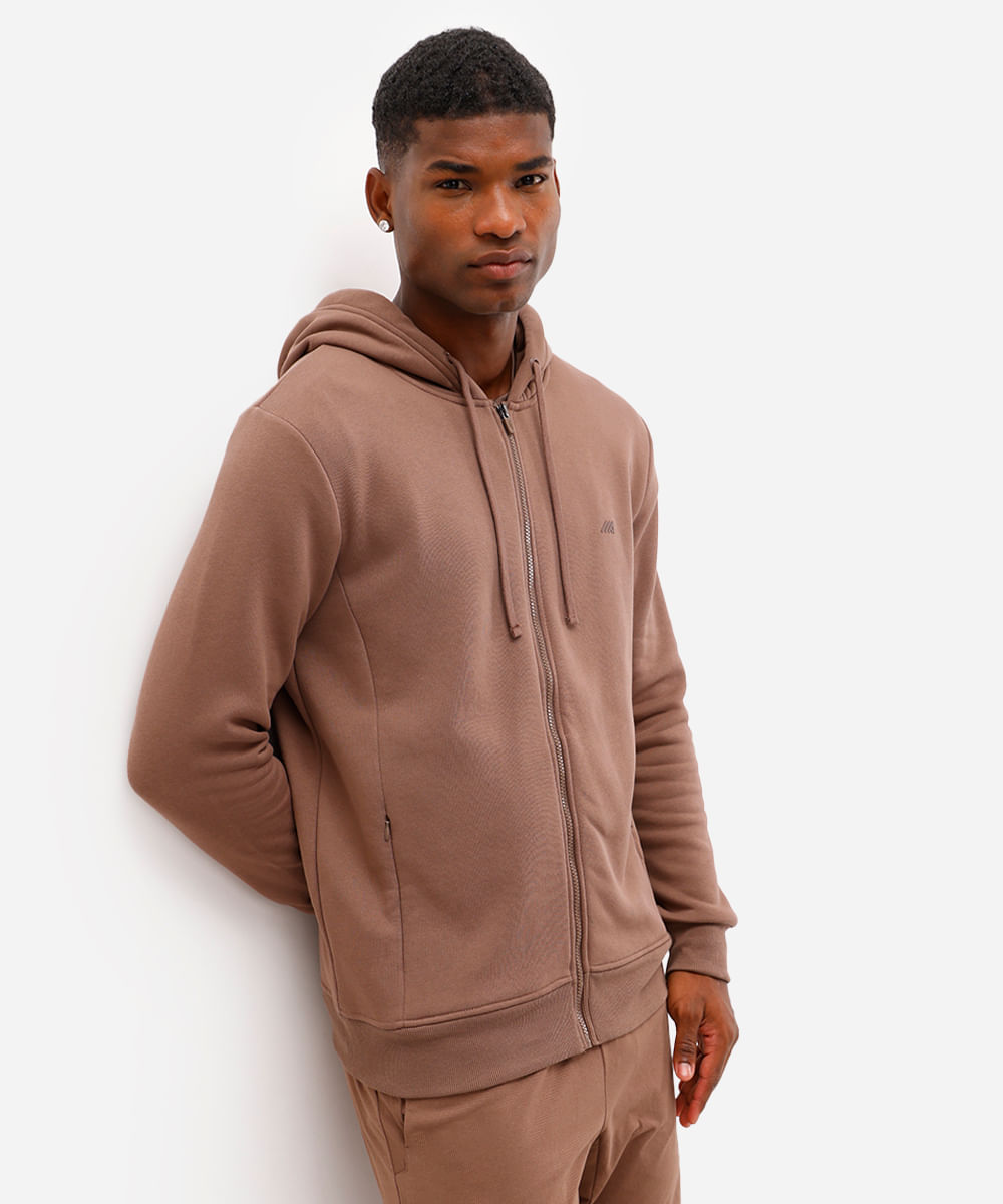 jaqueta masculina de moletom esportiva ace com capuz e bolso marrom