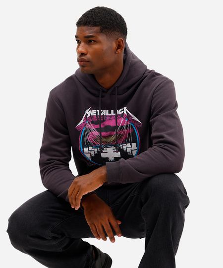 blusão masculino de moletom metallica com capuz cinza P