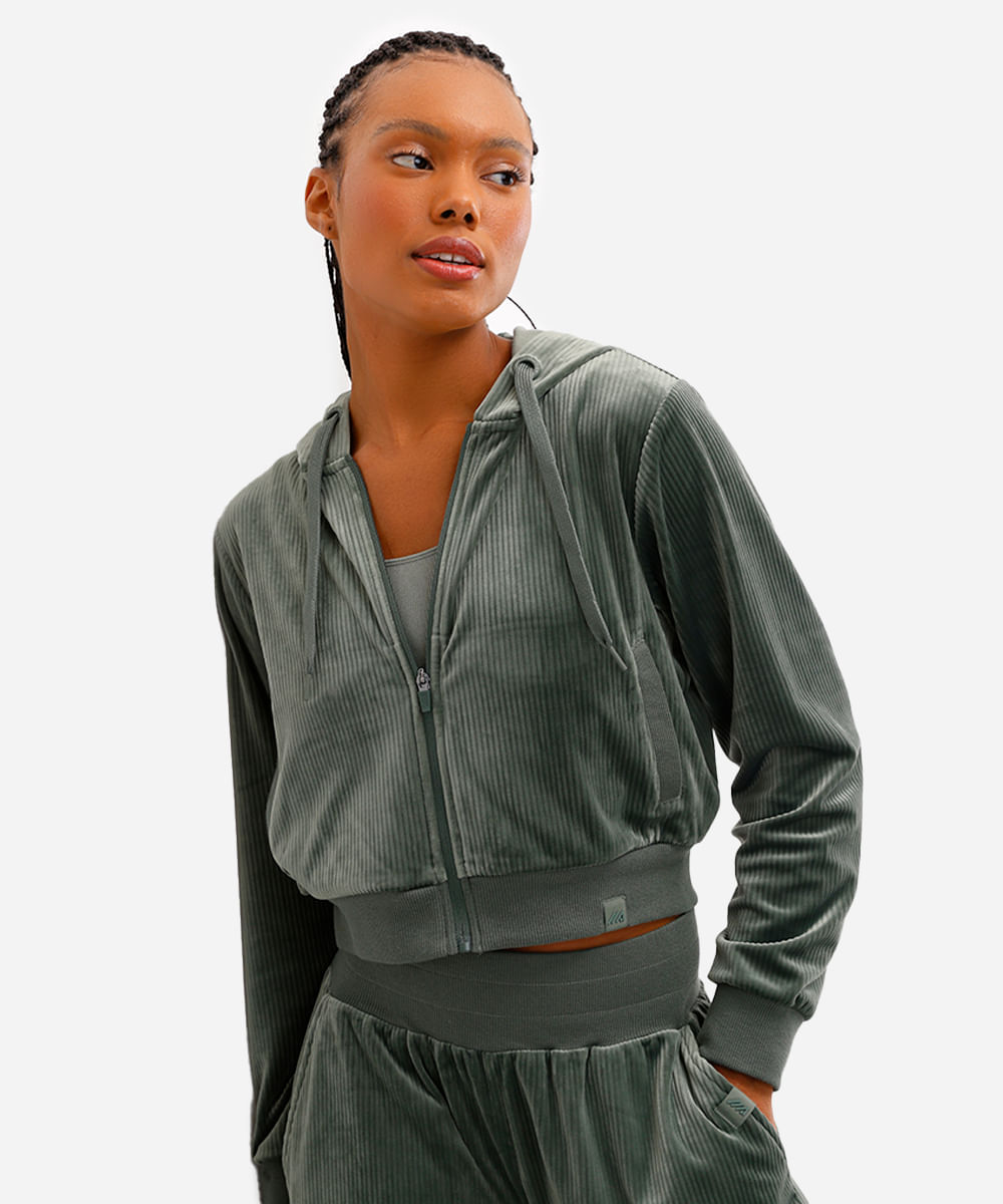 jaqueta bomber cropped plush esportiva ace com capuz verde