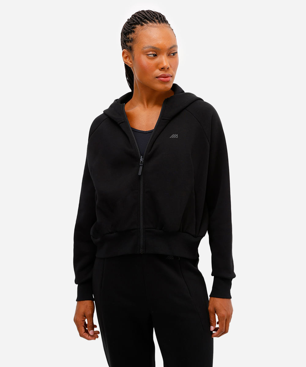 jaqueta feminina de moletom esportiva ace com capuz preta