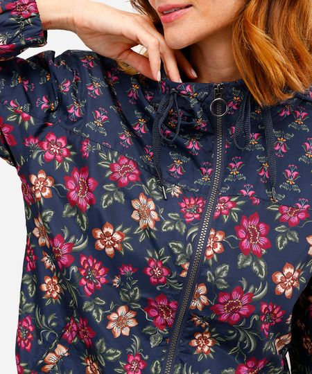 jaqueta corta vento feminina com capuz floral azul PP