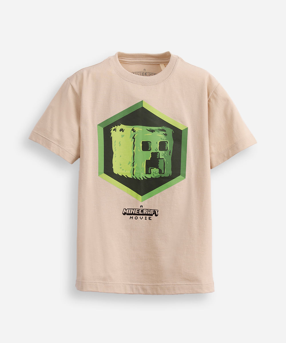 camiseta de algodão infantil manga curta minecraft bege