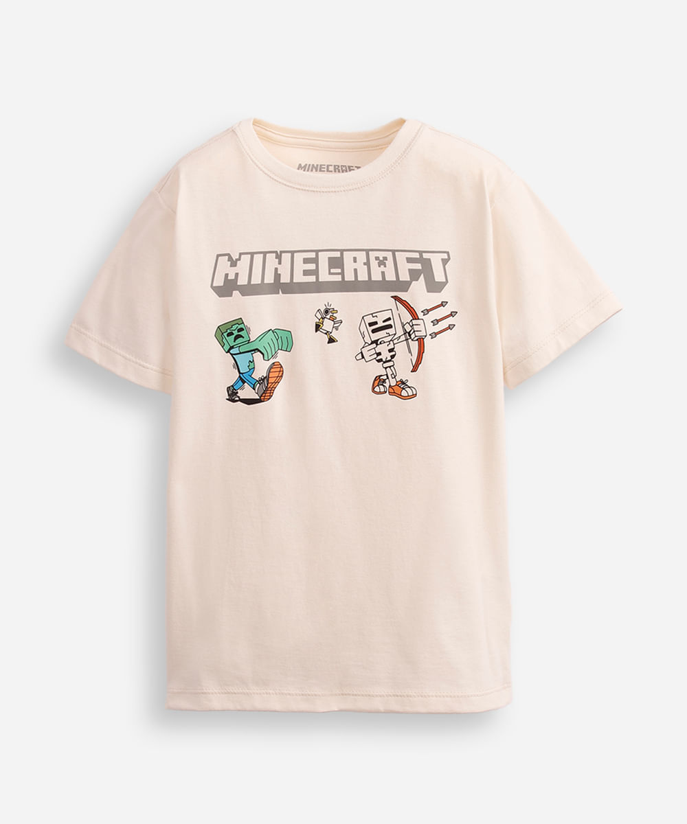camiseta de algodão infantil manga curta minecraft bege