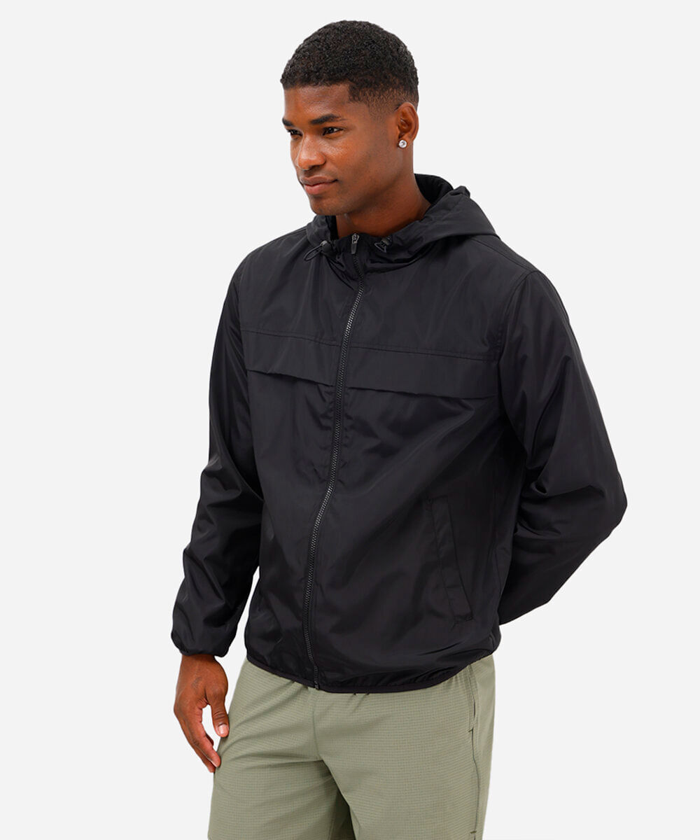 jaqueta masculina corta vento com capuz esportiva ace preta