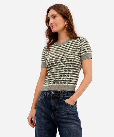 blusa feminina de tricot manga curta texturizada listrada verde P
