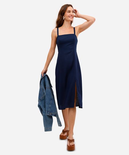 vestido midi feminino com linho e fenda azul P vestido midi feminino com linho e fenda azul P