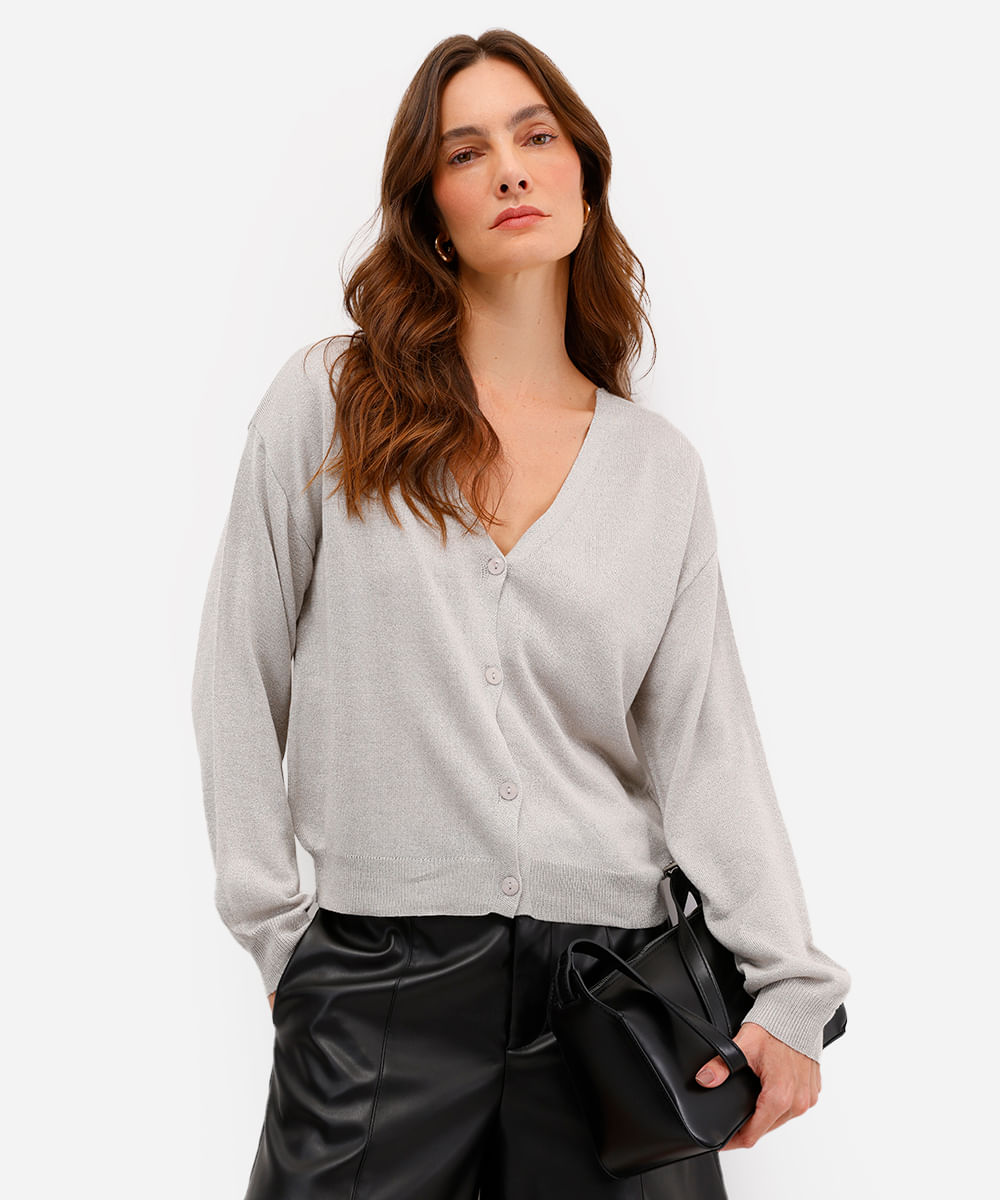 cardigan feminino de tricot com lurex cinza
