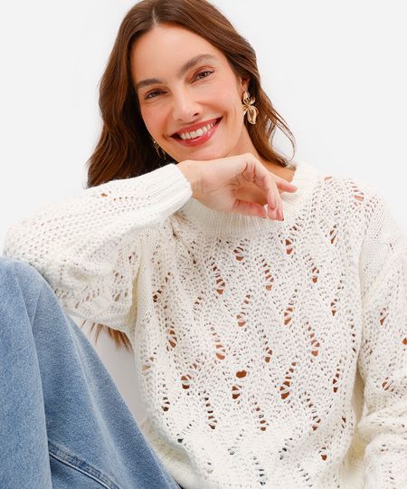 suéter feminino de tricot texturizado off white M suéter feminino de tricot texturizado off white M