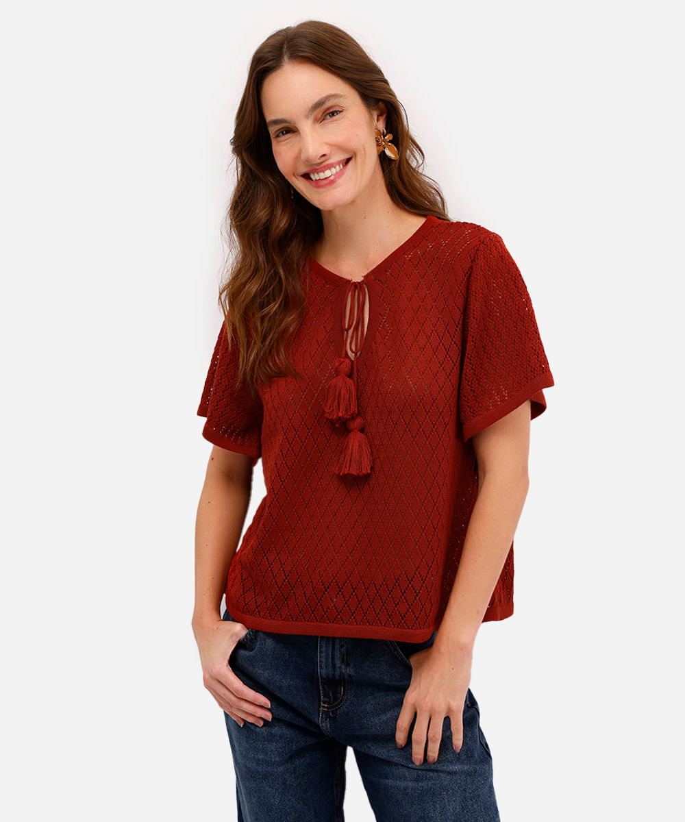 bata feminina de tricot manga curta laranja