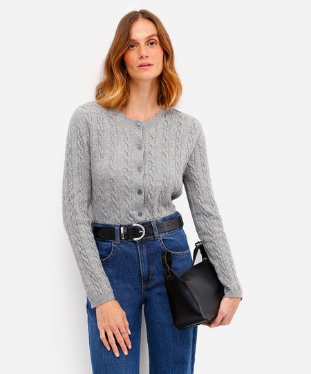 cardigan feminino de tricot texturizado cinza M