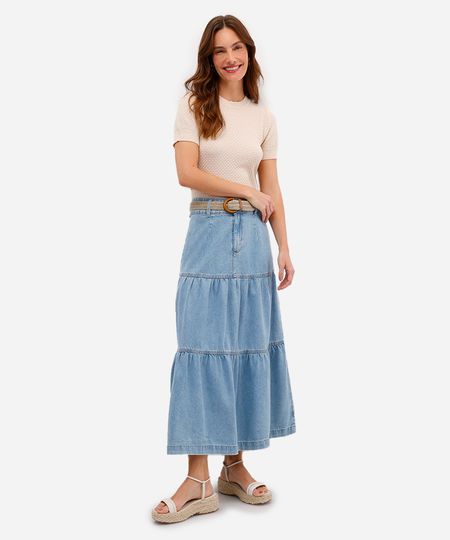 saia longa feminina jeans com recortes e fenda azul 46