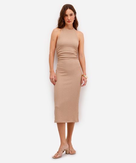 vestido midi feminino halterneck texturizado bege P