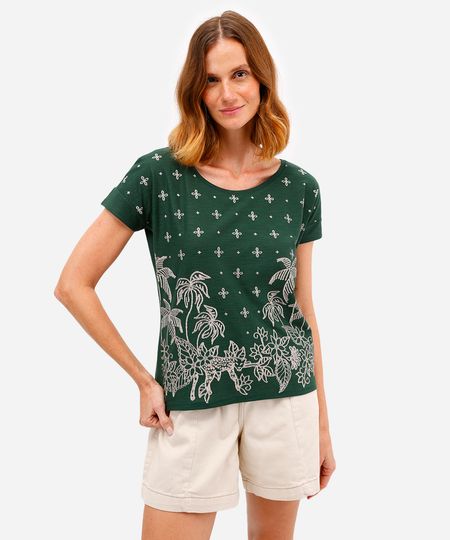 blusa feminina de algodão folhagens manga curta verde P blusa feminina de algodão folhagens manga curta verde P