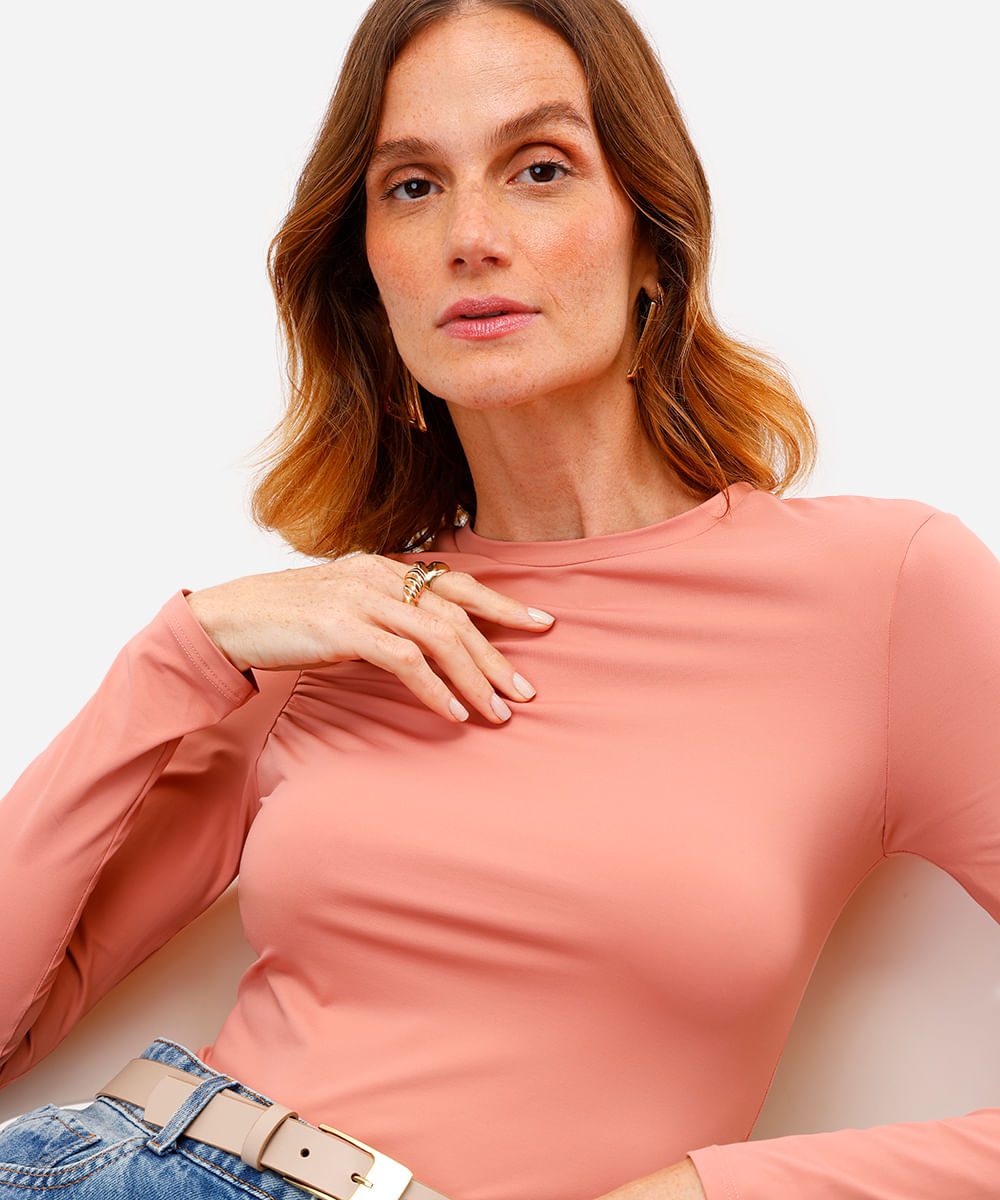 blusa feminina de poliamida manga longa franzida rosa