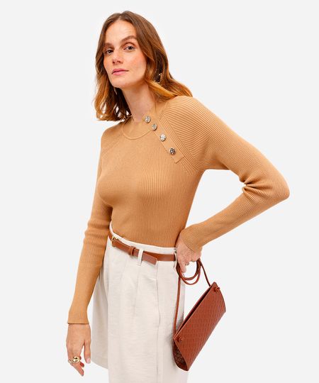 suéter feminino de tricot canelado bege P suéter feminino de tricot canelado bege P